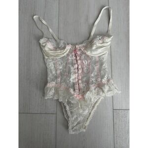 Vintage Emil Bole Nylon Teddy Lingerie Sz M - White Pink Lace Floral